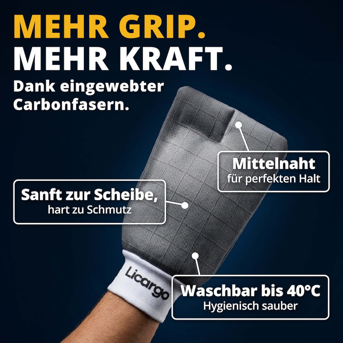 Carbonfasern-Technologie=>Die eingewebten Carbonfasern lösen selbst hartnäckigen Schmutz und bleiben dabei sanft zur Oberfläche. Die Mittelnaht sorgt für sicheren Halt bei jedem Wisch.