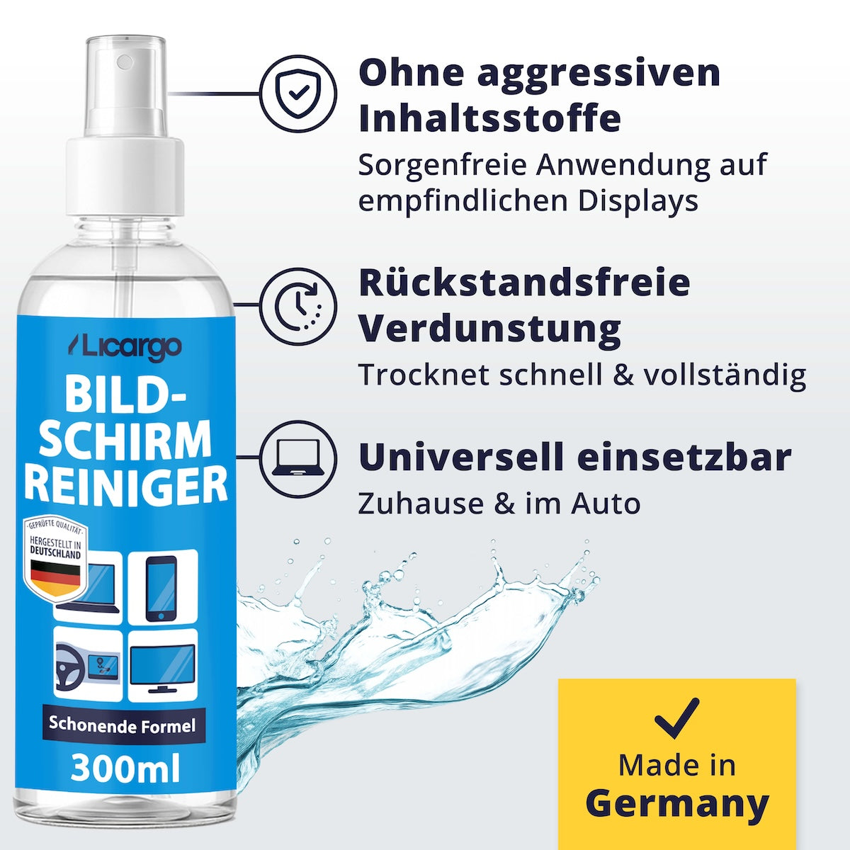 Ein Reiniger für alles=>Sanft zu empfindlichen Displays, stark gegen Schmutz. Zudem verdunstet der Reiniger rückstandsfrei und sorgt für ein sauberes Finish nach jeder Anwendung.