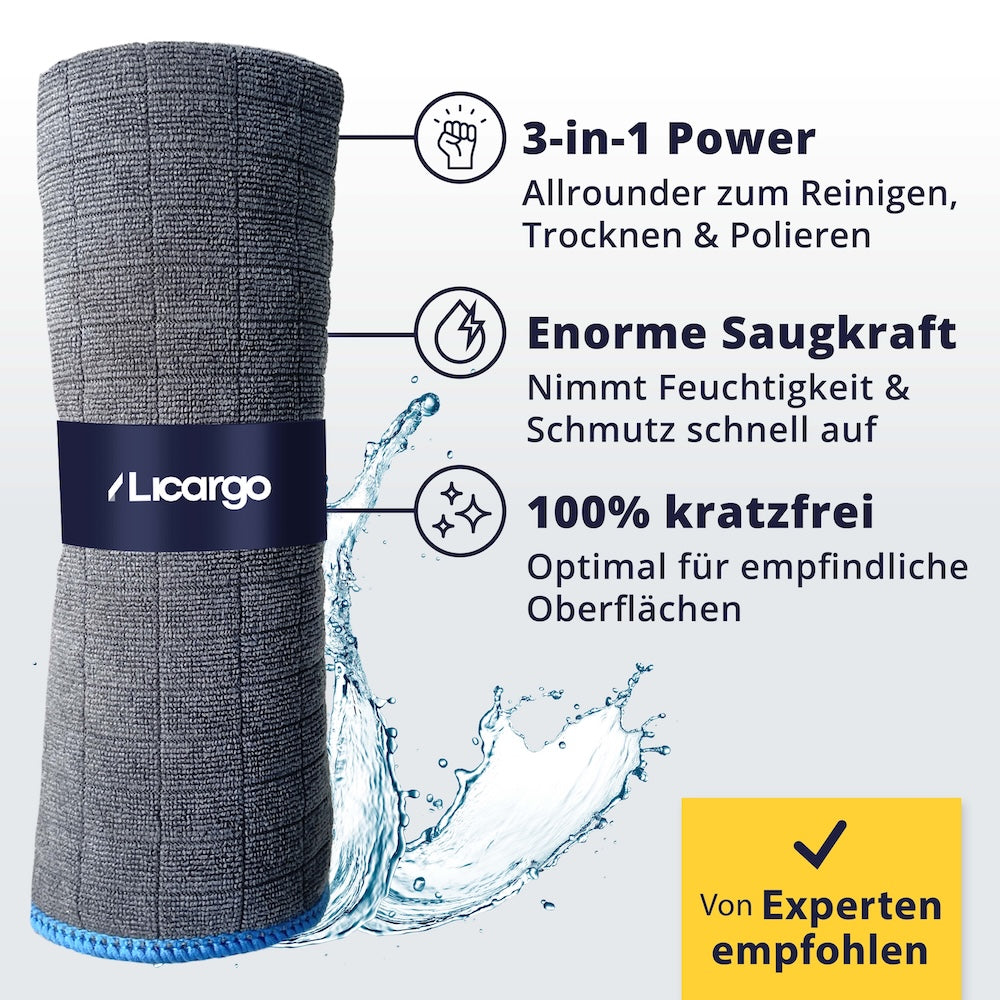 Extrem Aufnahmefähig=>Die extrem saugstarken Fasern nehmen Schmutz und Wasser zuverlässig auf und hinterlassen keine Rückstände oder Fusseln. Die extraweiche Struktur sorgt zudem für eine kratzfreie Reinigung, auch bei empfindlichen Oberflächen wie Lack und Glas.