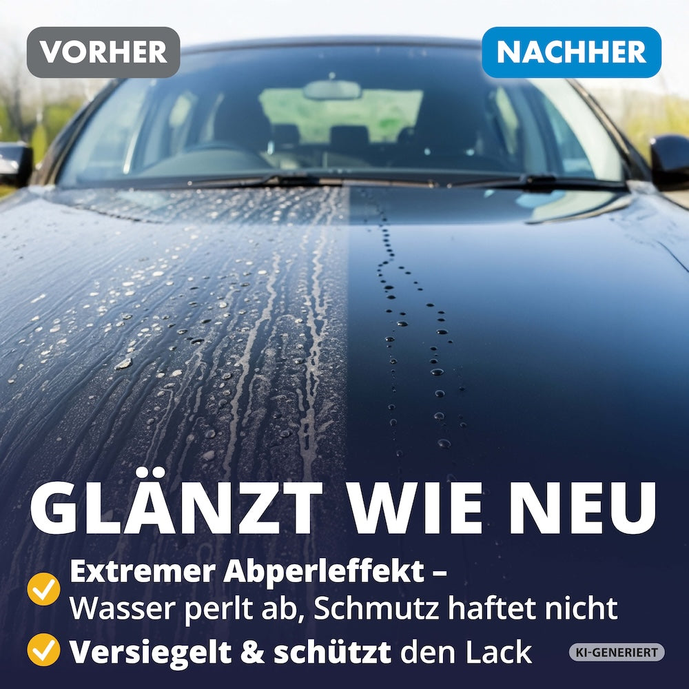 Neuwagen-Look ohne Aufwand=>Langzeit-Glanz mit starkem Abperleffekt – Dein Auto bleibt sichtbar länger sauber, und Du musst viel seltener zur Waschbox. Weniger Aufwand, mehr Wow-Effekt.