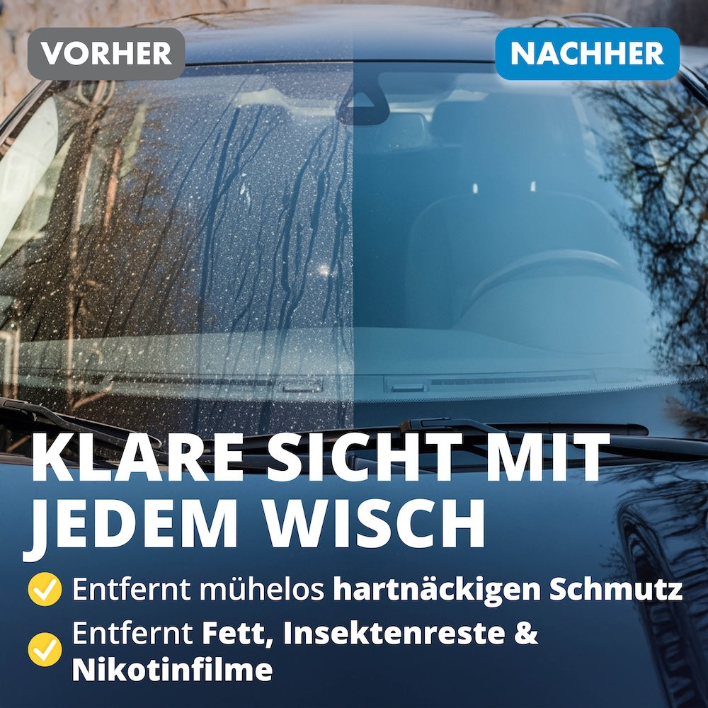 Makellos saubere Scheiben=>Was vorher ein trüber Schmutzfilm war, wird in Sekunden zu glasklarer Durchsicht. Selbst hartnäckige Ablagerungen wie Insektenreste oder Baumharz haben keine Chance.