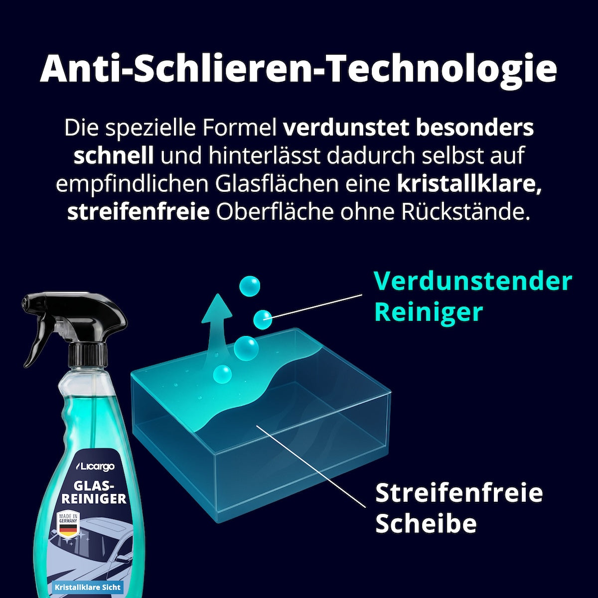 Schluss mit Schlieren=>Die schnell verdunstende Formel sorgt dafür, dass keine Rückstände auf der Scheibe zurückbleiben. Das Ergebnis: kristallklares Glas, ganz ohne Nachwischen.