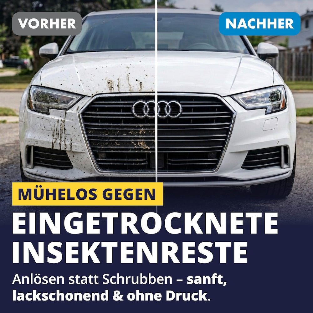 Ohne mühsames Schrubben=>Auch hartnäckig eingetrocknete Insektenreste lassen sich ohne umständliches Schrubben ohne viel Druck lösen. Zuvor einfach mit dem Insektenentferner einwirken und fertig!