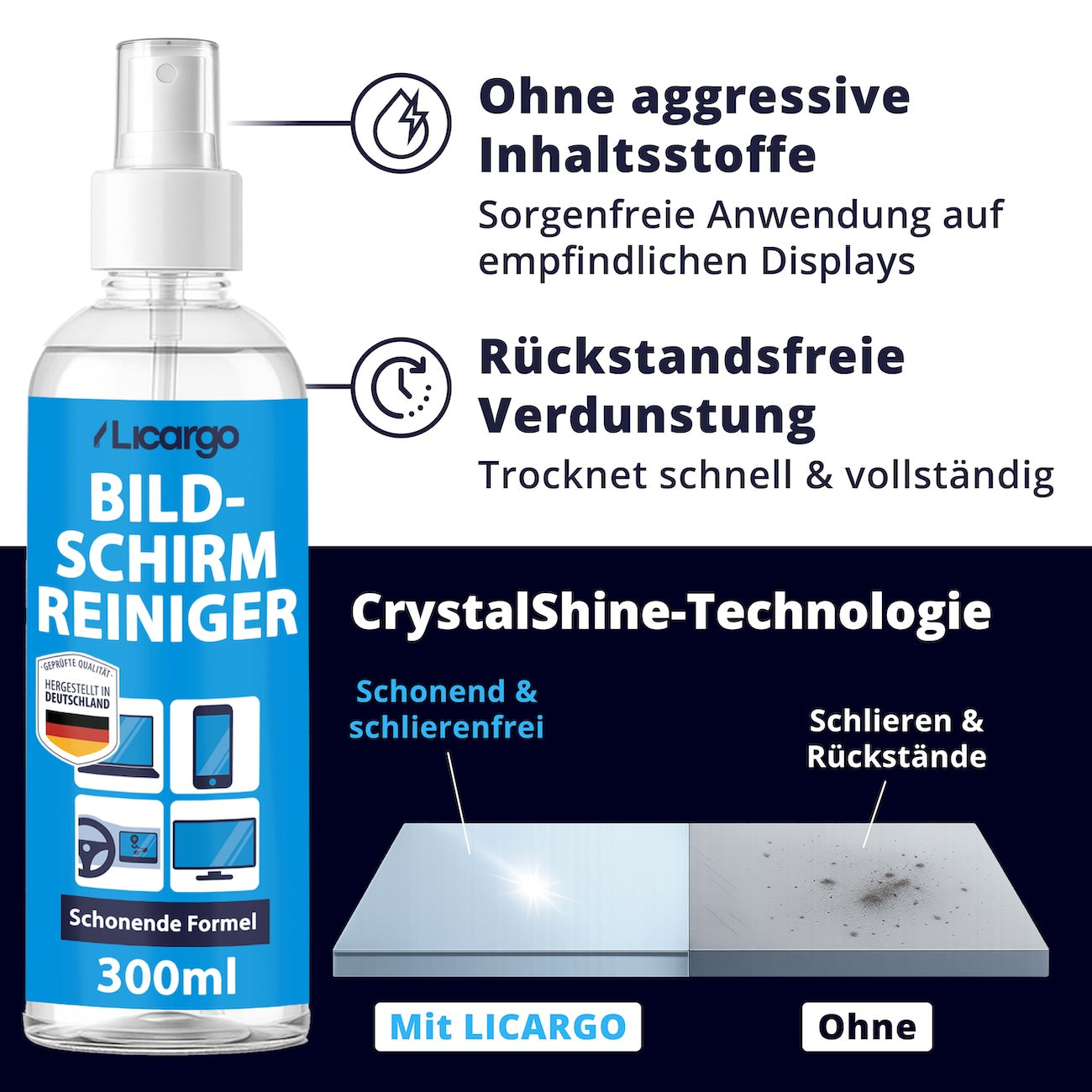 Effektive Technologie=>Unsere CrystalShine-Formel entfernt Schmutz und Fingerabdrücke rückstandsfrei – ganz ohne aggressive Inhaltsstoffe. Entwickelt für streifenfreie Ergebnisse, wo andere Reiniger versagen.