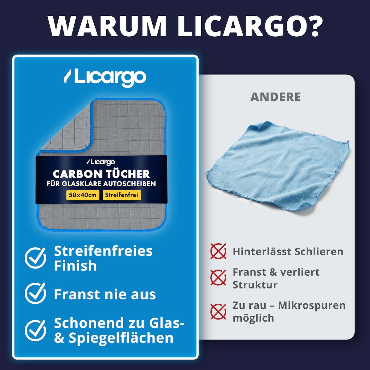 Spür den Unterschied=>LICARGO steht für streifenfreies Finish, saubere Kanten und schonendes Polieren. Viele Standardtücher hinterlassen Schlieren, fransen aus oder fühlen sich zu rau an.