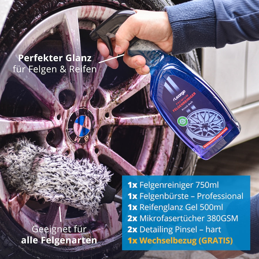 Glänzende Felgen & Reifen=>Lieferumfang: 1x Felgenreiniger 750ml, 1x Reifenglanz Gel 500ml, 2x Mikrofasertücher 380GSM, 1x Mikrofaser Felgenbürste – Professional, 2x Detailing Pinsel – hart, 1x GRATIS Wechselbezug Felgenbürste