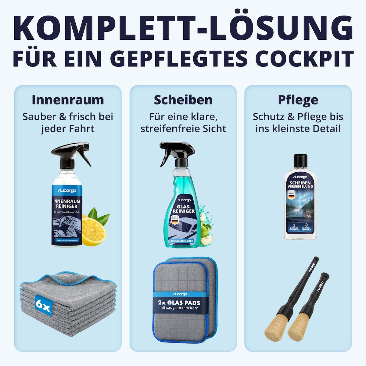 Perfekt aufeinander abgestimmt=>Die Kombination aus hochwirksamen Reinigern und kraftvollen Mikrofasern sorgt für ein makelloses Ergebnis – präzise, streifenfrei und unglaublich effektiv.