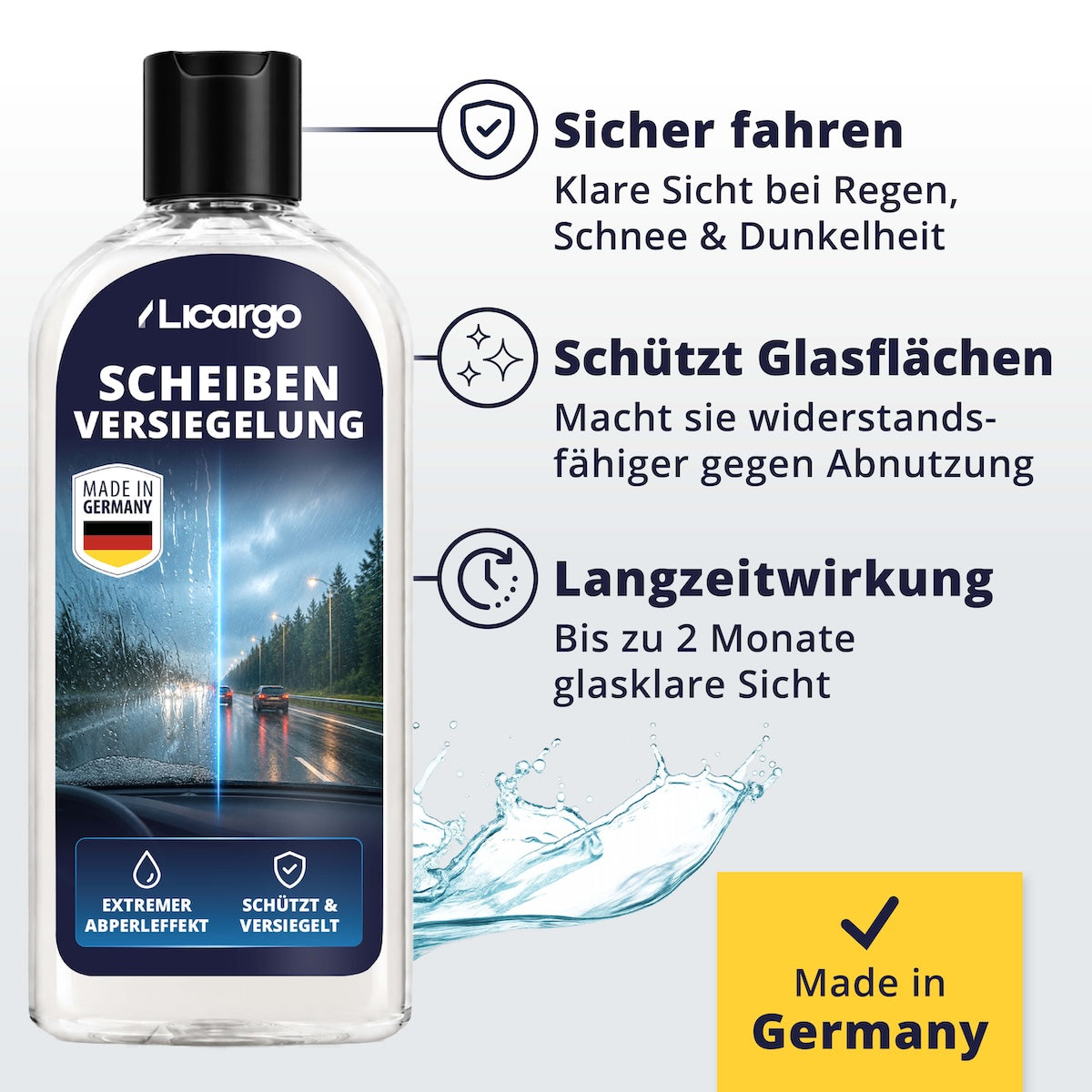Mehr Sicherheit im Alltag=>Die Versiegelung bildet eine unsichtbare Schicht, die Wasser und Schmutz zuverlässig abweist. Das Ergebnis: klare Scheiben, weniger Wischaufwand und ein Plus an Sicherheit im Straßenverkehr.