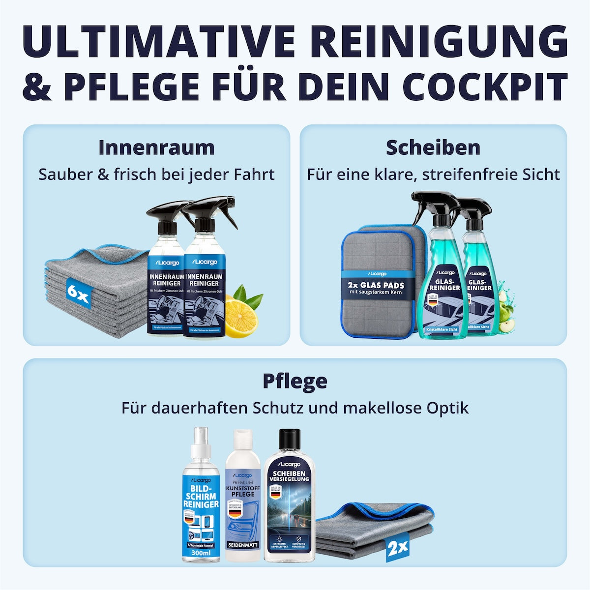 Perfekt aufeinander abgestimmt=>Die Kombination aus hochwirksamen Reinigern und kraftvollen Mikrofasern sorgt für ein makelloses Ergebnis – präzise, streifenfrei und unglaublich effektiv.