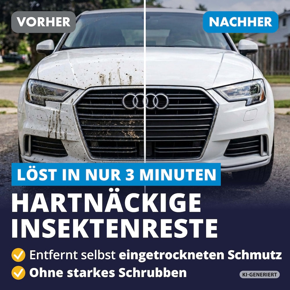 Sichtbar sauber in Minuten=>Selbst festsitzende Insektenreste verschwinden schnell und gründlich. Für eine strahlend saubere Front ohne mühsames Rubbeln.