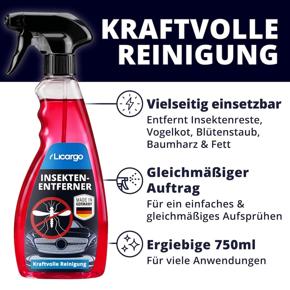 Mehr als nur Insekten=>Entfernt zuverlässig auch Vogelkot, Blütenstaub und Baumharz. Die 750-ml-Flasche reicht für viele Anwendungen.