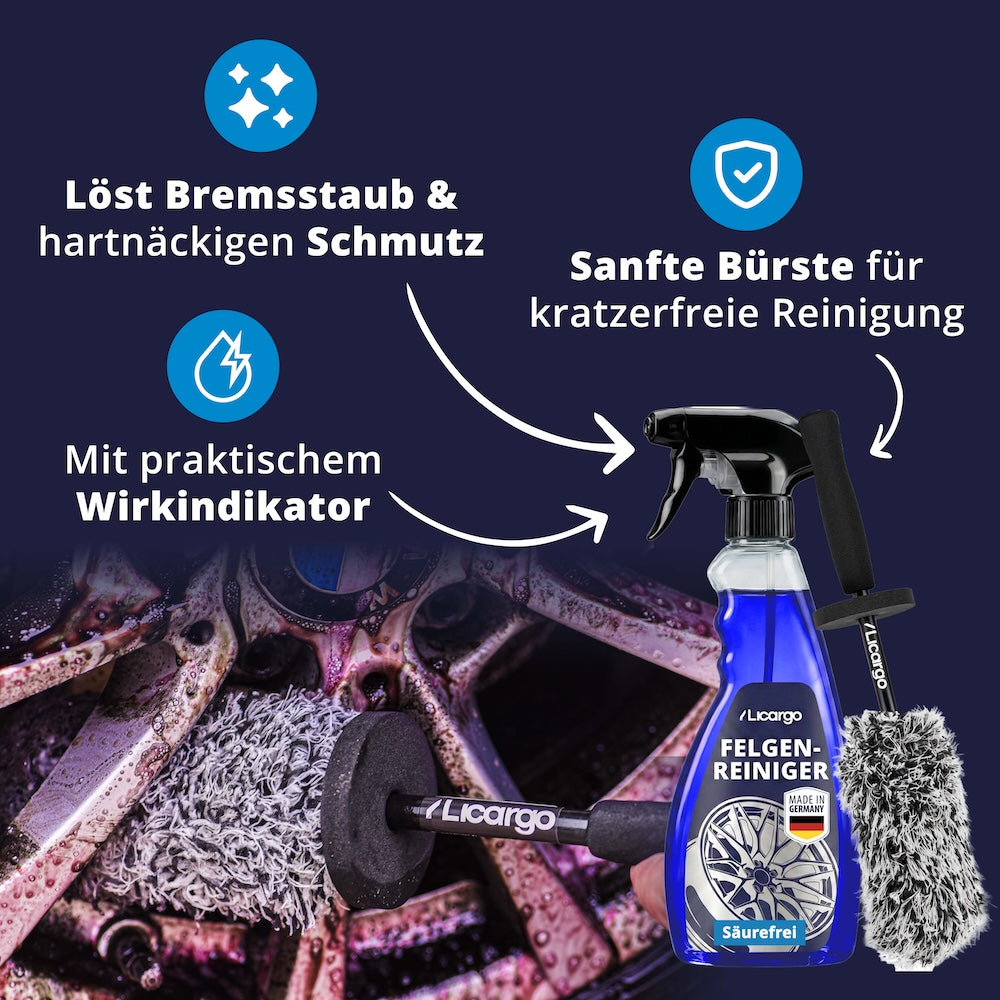 Hochwirksame Formel=>Die innovative Formel mit Wirkindikator entfernt selbst eingebrannten Bremsstaub blitzschnell – ohne mühsames schrubben. Die sanfte Bürste reinigt gründlich und garantiert kratzerfreie Ergebnisse.