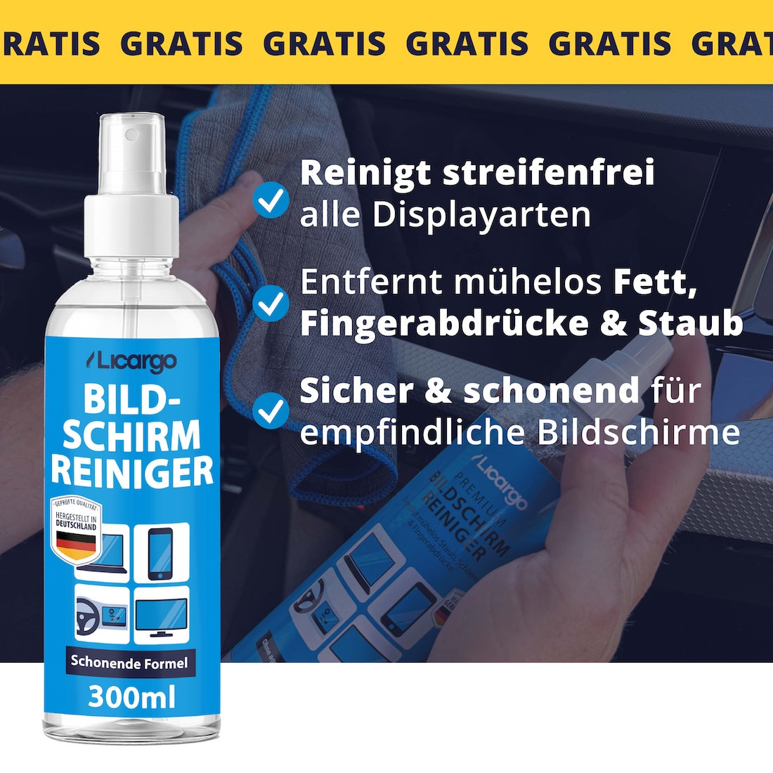 Inklusive Bonus-Produkt=>Ob Navi, Handy oder TV – der Bildschirmreiniger sorgt für streifenfreie Sauberkeit, klare Sicht und eine sichere Anwendung auf allen Displays.