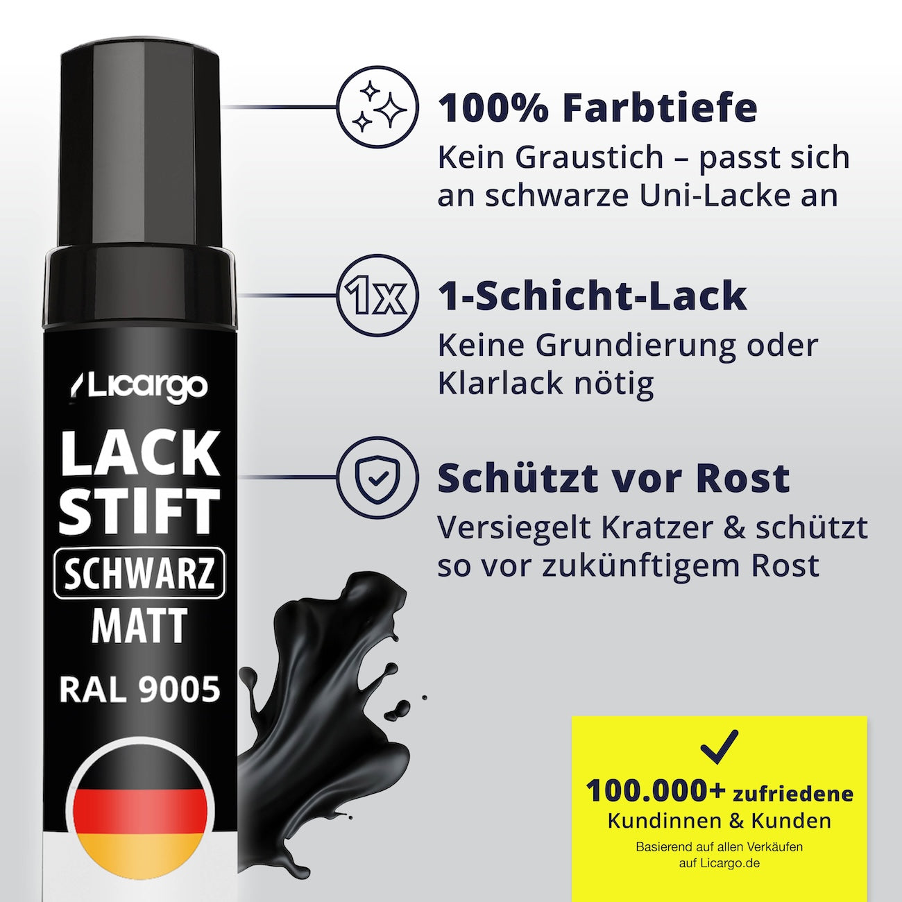 Durchdachte Formel mit Schutzfunktion=>Der 1-Schicht-Lack bietet volle Farbtiefe ohne Grundierung oder Klarlack. Gleichzeitig versiegelt er die Schadstelle und schützt zuverlässig vor Rost.