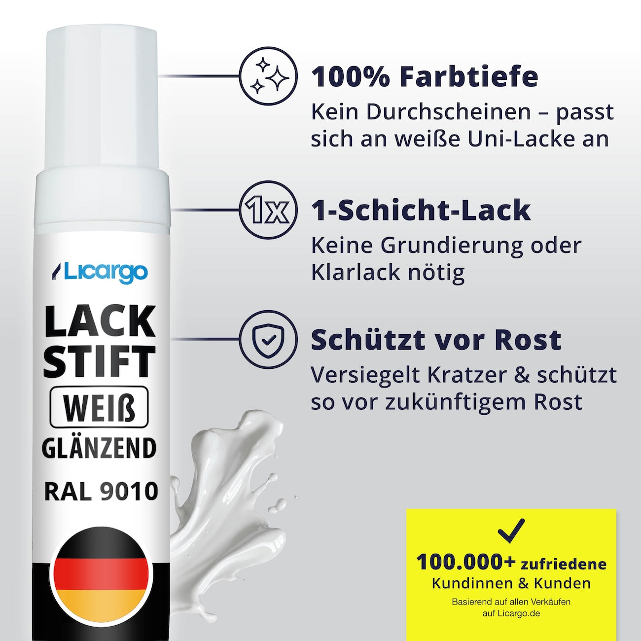 Durchdachte Formel mit Schutzfunktion=>Der 1-Schicht-Lack bietet volle Farbtiefe ohne Grundierung oder Klarlack. Gleichzeitig versiegelt er die Schadstelle und schützt zuverlässig vor Rost.