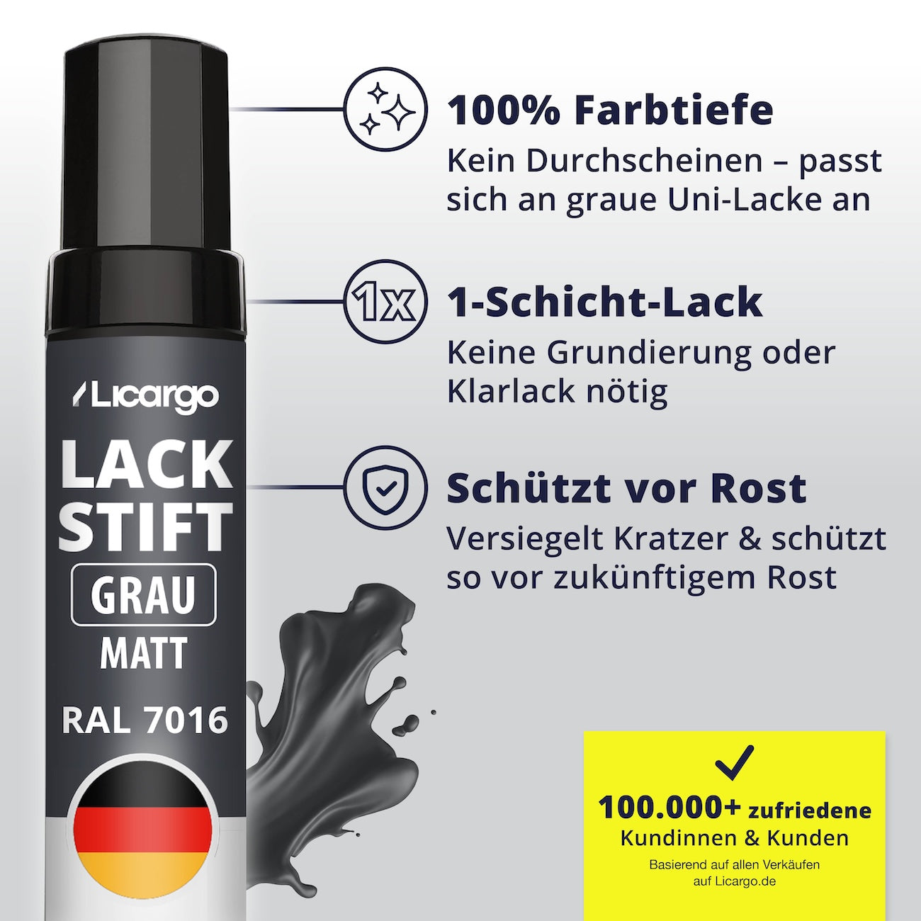 Durchdachte Formel mit Schutzfunktion=>Der 1-Schicht-Lack bietet volle Farbtiefe ohne Grundierung oder Klarlack. Gleichzeitig versiegelt er die Schadstelle und schützt zuverlässig vor Rost.