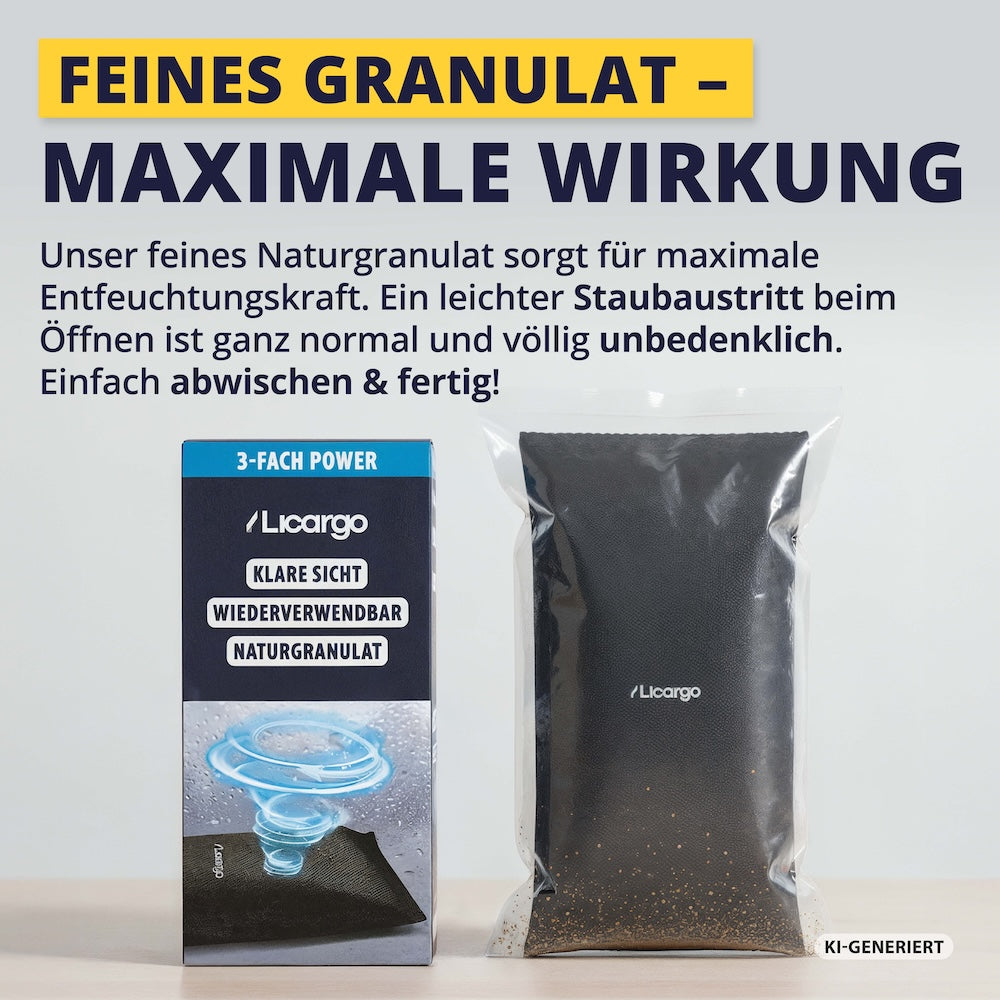 Kraftvoll gegen Feuchtigkeit=>Das feine Naturgranulat bindet zuverlässig Feuchtigkeit für klare Scheiben. Ein leichter Staubaustritt beim Öffnen ist normal und völlig unbedenklich.