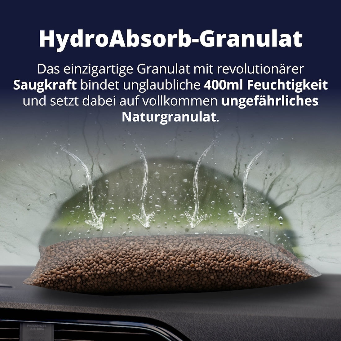 Alternative zu Silikagel=>Während herkömmliches Silikagel potenziell schädlich ist, setzen wir auf reines Naturgranulat – vollkommen sicher, ungiftig und trotzdem unfassbar saugstark mit bis zu 400 ml Aufnahmeleistung.