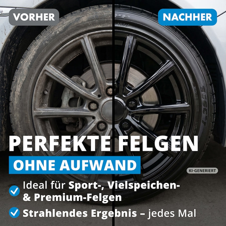 Sichtbarer Effekt=>Schon nach der ersten Anwendung erstrahlen Deine Felgen in neuem Glanz. Hartnäckiger Bremsstaub und Schmutz werden mühelos entfernt – ganz ohne großen Aufwand.