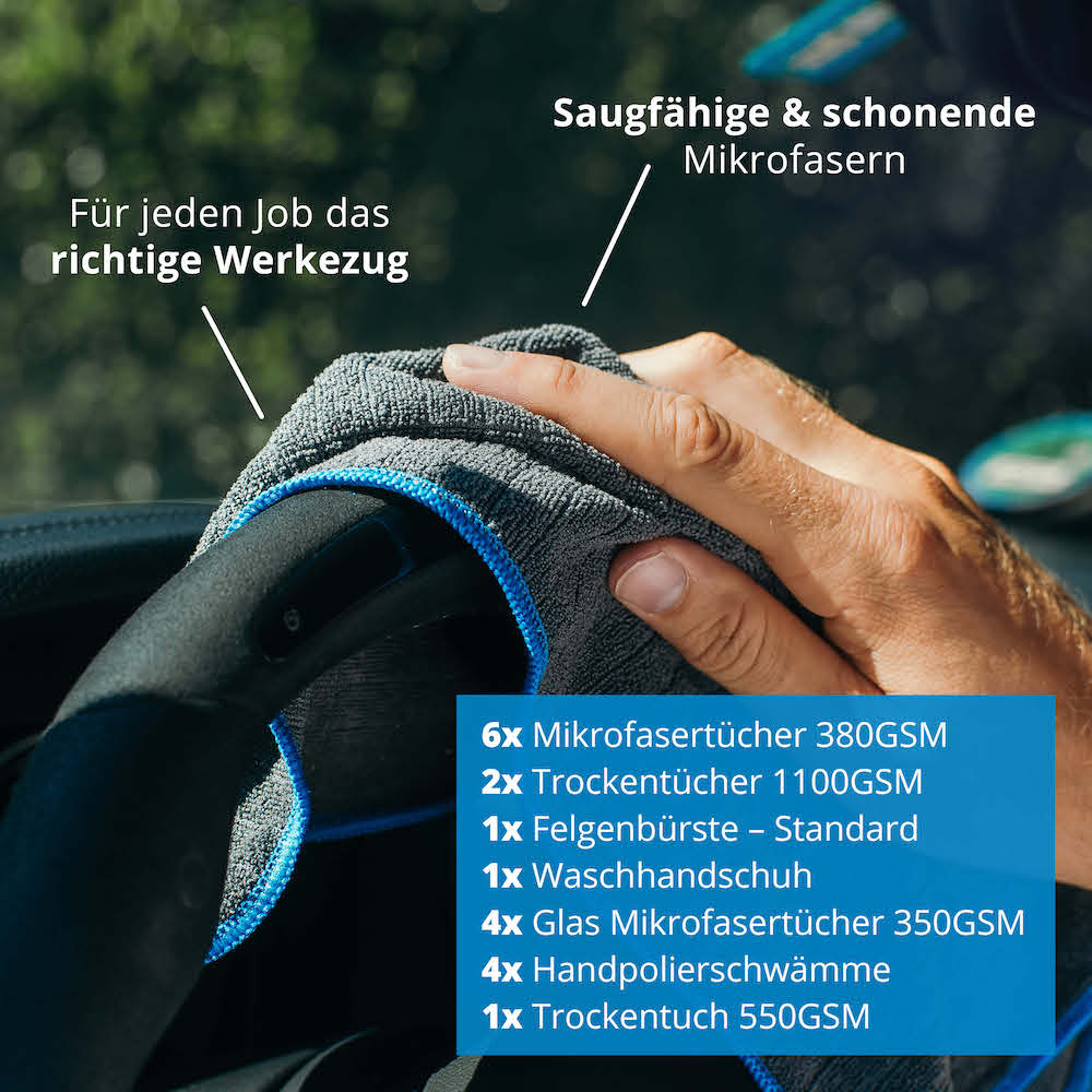 Alles für die Autowäsche=>Lieferumfang: 2x Trockentücher 1100GSM, 4x Glas Mikrofasertücher 350GSM,  1x Waschhandschuh, 1x Felgenbürste – Standard, 6x Mikrofasertücher 380GSM, 4x Handpolierschwämme, 1x Trockentuch 550GSM