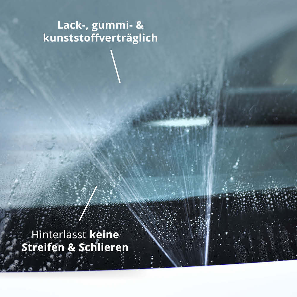 Perfektes Ergebnis=>Das lack-, gummi- und kunststoffverträgliche Konzentrat hinterlässt bei der Anwendung keine Steifen oder Schlieren.