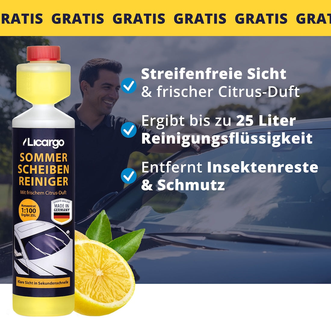Citrus-Frische=>Das ergiebige Konzentrat entfernt zuverlässig Insektenreste und Straßenschmutz. Eine Flasche ergibt bis zu 25 Liter Scheibenwischwasser und sorgt für klare Sicht mit frischer Citrus-Note.