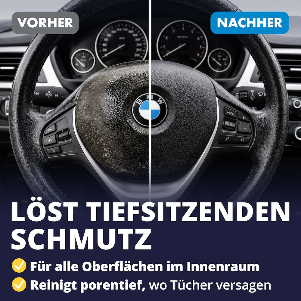Sauber bis in jede Pore=>Gerade geprägte Kunststoff- und Lederoberflächen halten Schmutz tief in den Vertiefungen fest. Die Pads lösen ihn dort heraus, wo ein Tuch nur über die Oberfläche gleitet.