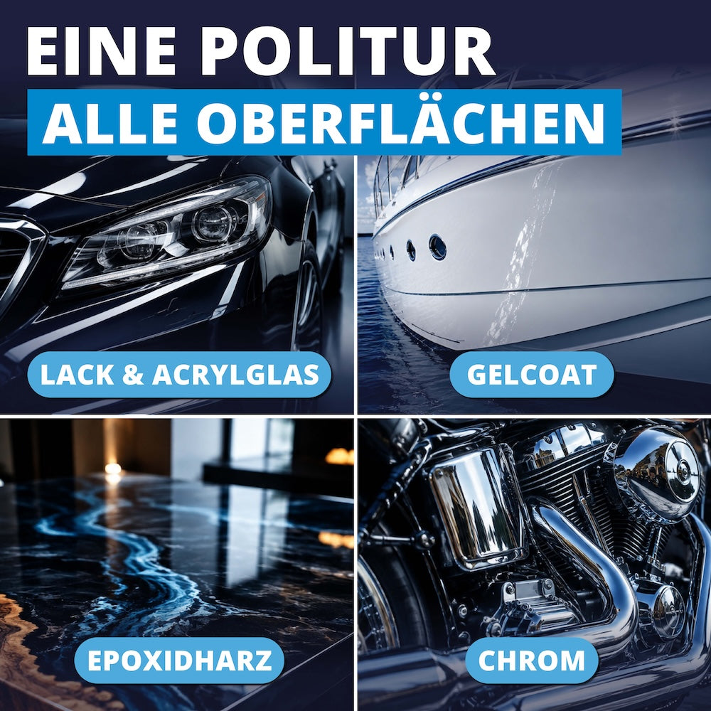 Ein Produkt für alle Materialien=>Egal ob Autolack, Bootsrumpf, Epoxidharztisch oder Chromteile – die Polierpaste ist universell einsetzbar. Ein Griff genügt, statt für jede Oberfläche ein eigenes Produkt zu kaufen.