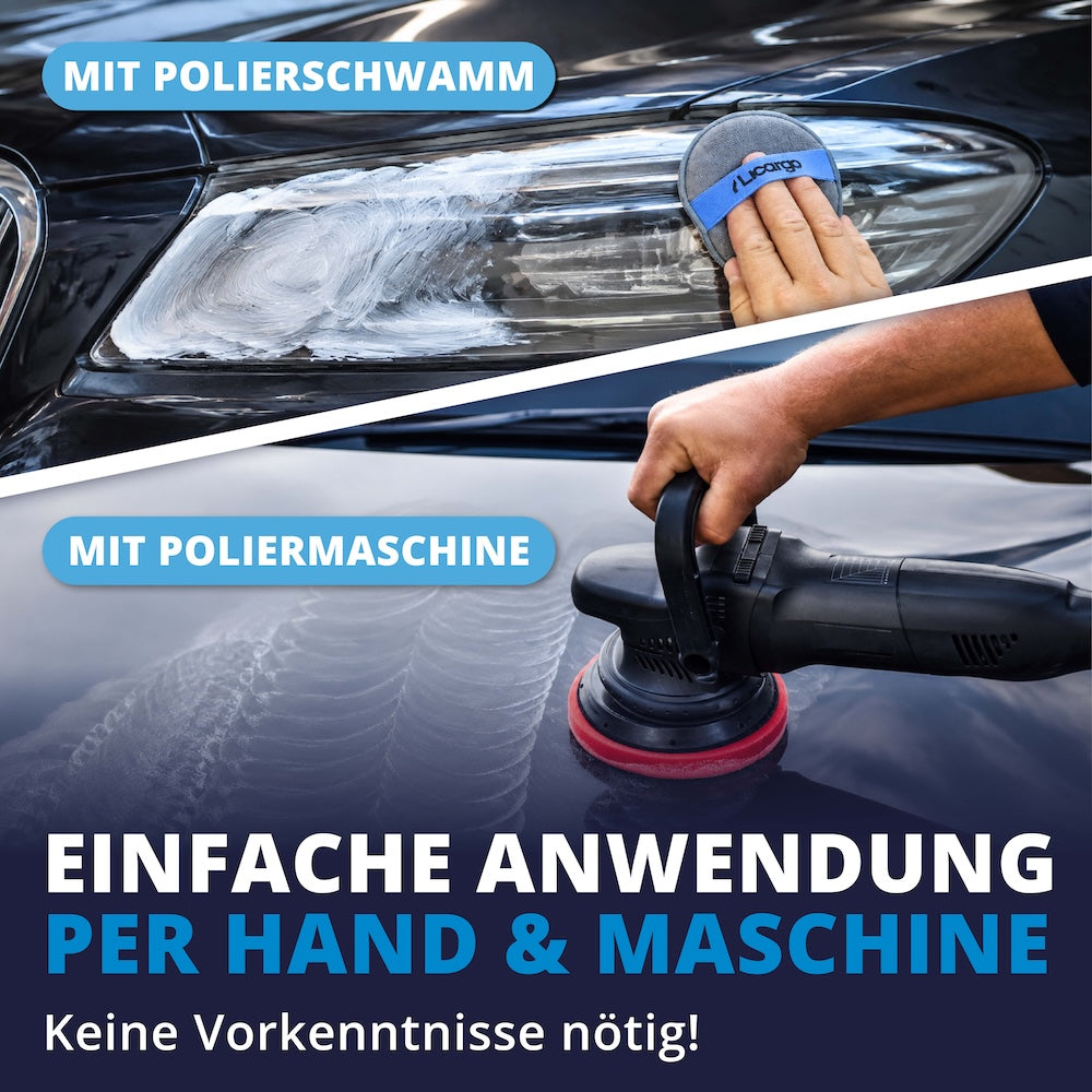 So einfach geht's=>Egal ob per Hand mit dem Polierschwamm oder mit der Poliermaschine – die Anwendung gelingt auch ohne Vorerfahrung. Beide Methoden liefern ein sauberes, professionelles Ergebnis.