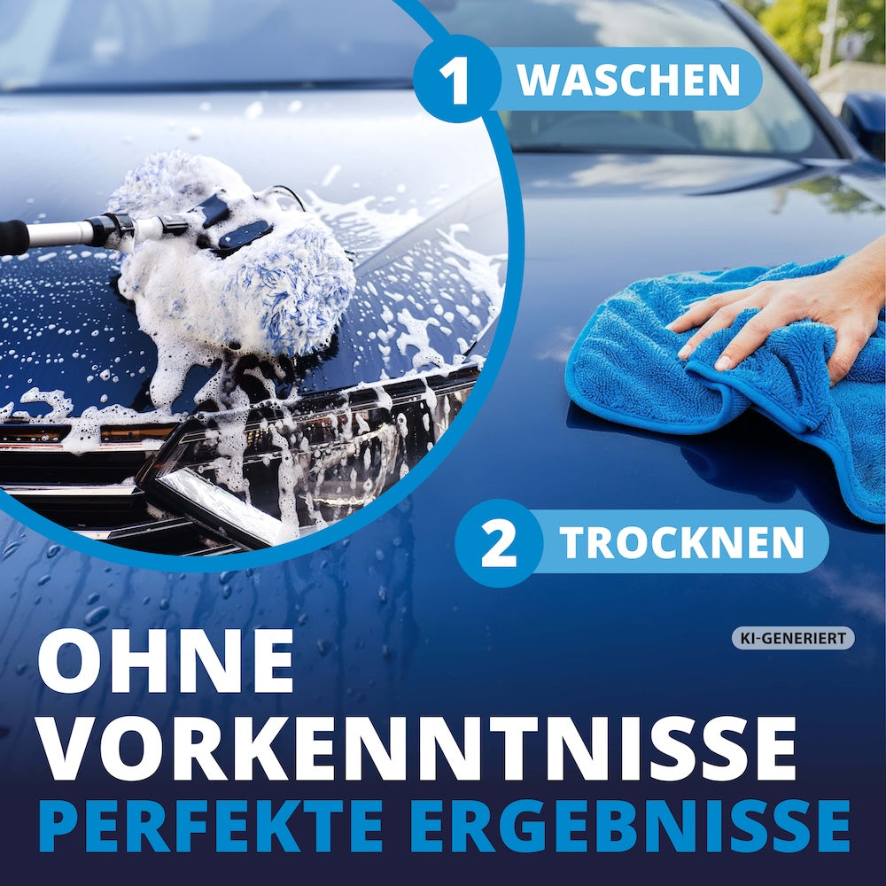 Kinderleichte Anwendung=>Dieses intuitive System macht die Autopflege zum absoluten Kinderspiel. Wasche und trockne dein Fahrzeug sicher und effizient für einen beeindruckenden, langanhaltenden Showroom-Glanz ohne Risiko.