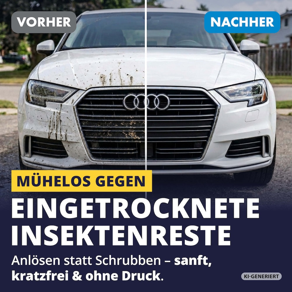 Sichtbar sauber in Minuten
Selbst festsitzende Insektenreste verschwinden schnell und gründlich. Für eine strahlend saubere Front ohne mühsames Rubbeln.