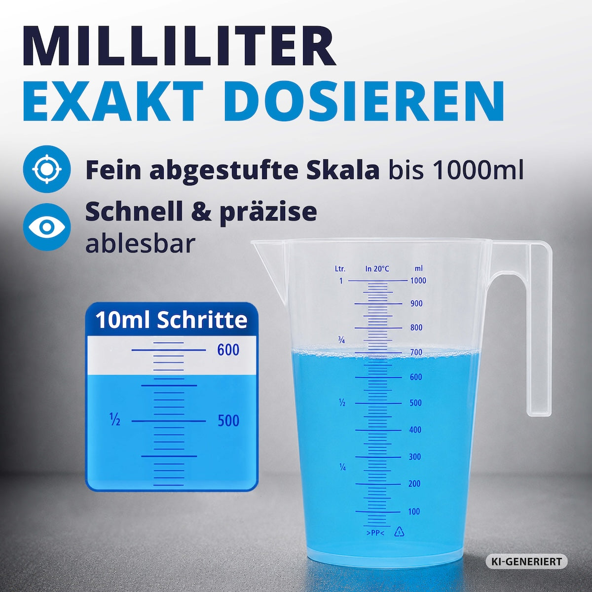 Exakt ablesen=>Die kontrastreiche Milliliter-Skala ermöglicht ein schnelles und präzises Ablesen. Ideal für alle, die Wert auf exakte Mischverhältnisse legen.