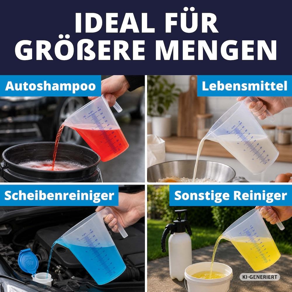 Vielseitig einsetzbar=>Ob Autoshampoo, Lebensmittel, Scheibenreiniger andere Flüssigkeiten – der Messbecher passt sich deinem Alltag an. So hast du für jede Anwendung den passenden Helfer zur Hand.