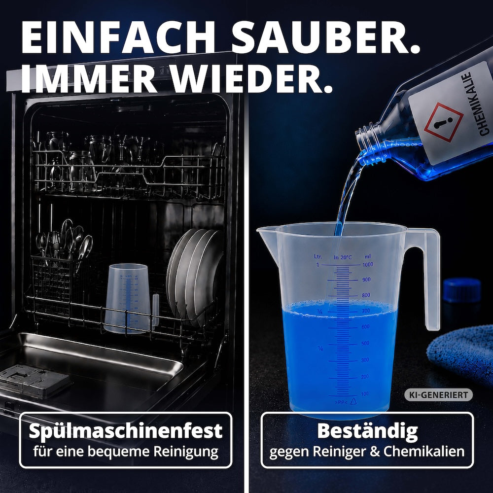Einfach zu reinigen=>Der Messbecher lässt sich bequem in der Spülmaschine reinigen und ist beständig gegenüber vielen Reinigern und Chemikalien. So bleibt er dauerhaft einsatzbereit.