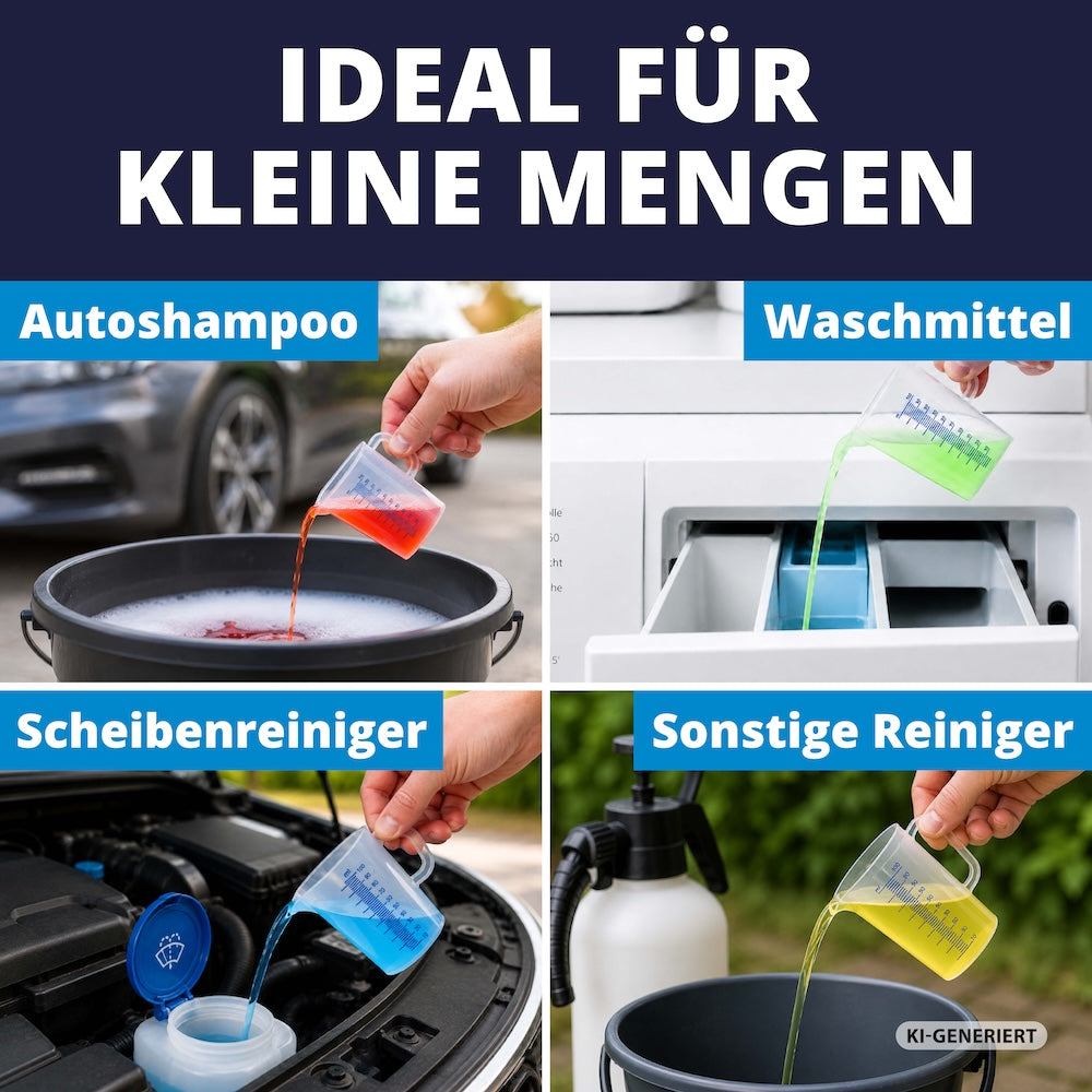 Vielseitig einsetzbar=>Ob Autoshampoo, Scheibenreiniger, Waschmittel oder andere Flüssigkeiten – der Messbecher passt sich deinem Alltag an. So hast du für jede Anwendung den passenden Helfer zur Hand.