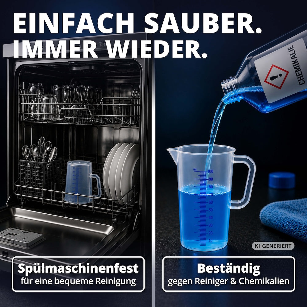 Einfach zu reinigen=>Der Messbecher lässt sich bequem in der Spülmaschine reinigen und ist beständig gegenüber vielen Reinigern und Chemikalien. So bleibt er dauerhaft einsatzbereit.