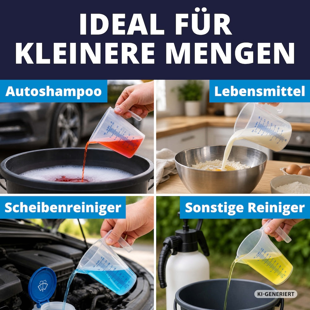 Vielseitig einsetzbar=>Ob Autoshampoo, Scheibenreiniger, Waschmittel oder andere Flüssigkeiten – der Messbecher passt sich deinem Alltag an. So hast du für jede Anwendung den passenden Helfer zur Hand.