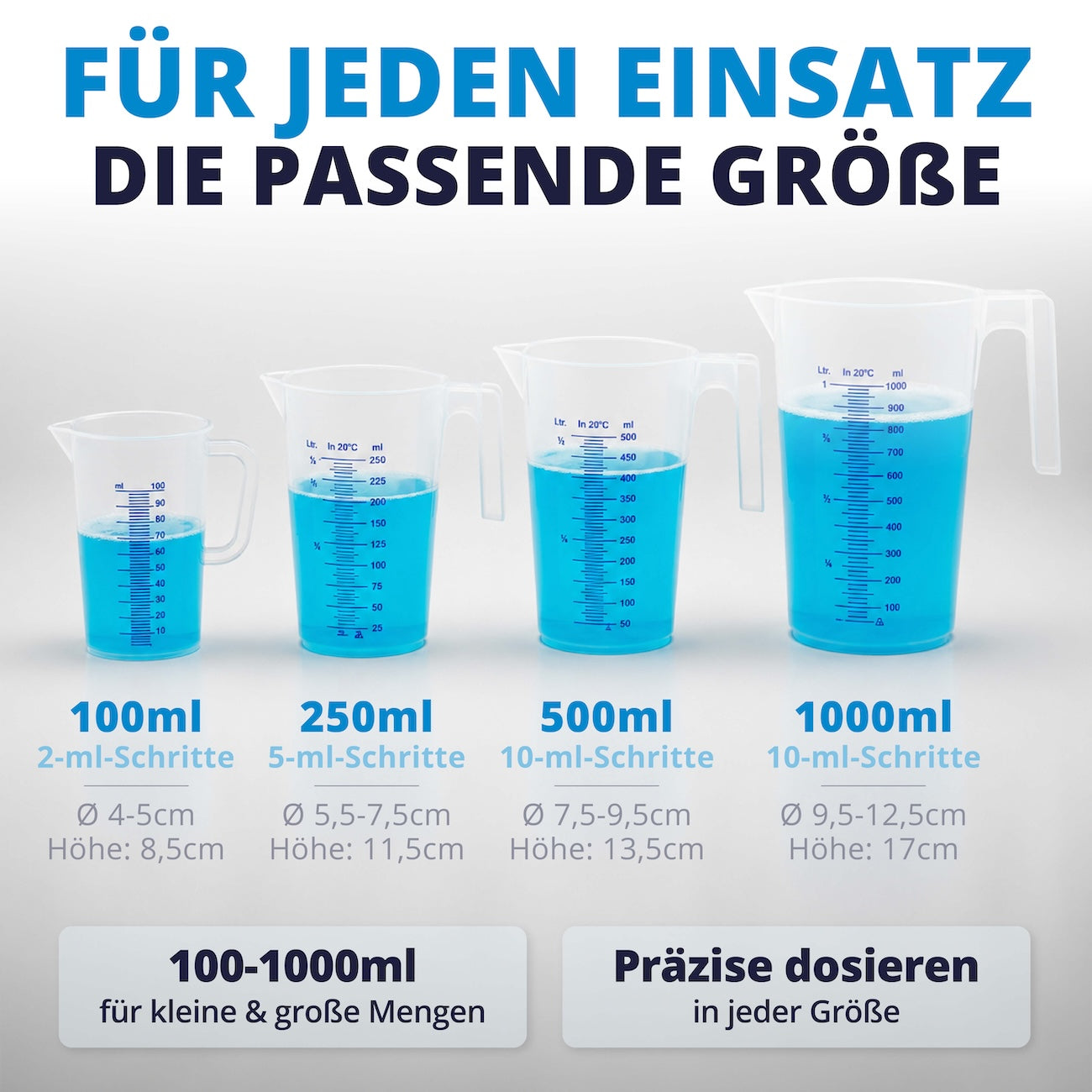 Für alles gewappnet=>Vom kompakten 100-ml-Becher bis zur 1000-ml-Ausführung findest du für jede Dosieraufgabe die richtige Größe. So arbeitest du immer effizient und passend zu deiner Anwendung.