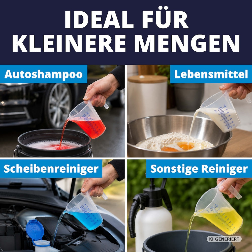 Vielseitig einsetzbar=>Ob Autoshampoo, Scheibenreiniger, Waschmittel oder andere Flüssigkeiten – der Messbecher passt sich deinem Alltag an. So hast du für jede Anwendung den passenden Helfer zur Hand.