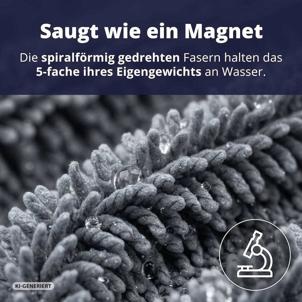 Twisted-Loop-Technologie=>Die spiralförmig gedrehten 600-GSM-Fasern binden das Fünffache ihres Eigengewichts an Wasser und geben es erst in der Wäsche wieder ab.
