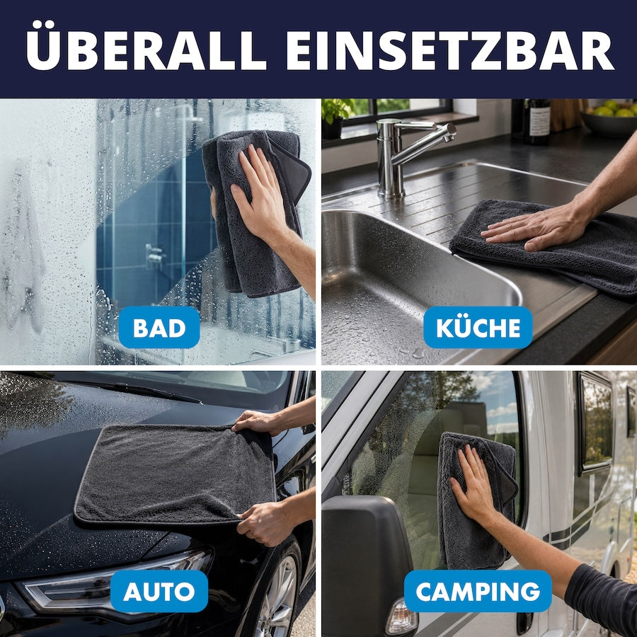 Ein Set für Bad, Küche & unterwegs=>Ob Badezimmer, Küche, Auto oder Wohnmobil – die Tücher trocknen Glas, Edelstahl, Keramik und Lack zuverlässig und streifenfrei.