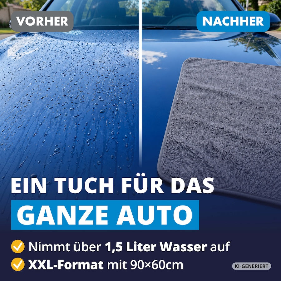 Unfassbare Saugkraft=>Die innovative Mikrofaser-Technologie entfesselt extreme Saugkraft und nimmt über 1,5 Liter Wasser auf. Ein einziges Tuch reicht, um Dein Auto vollständig und makellos zu trocknen.