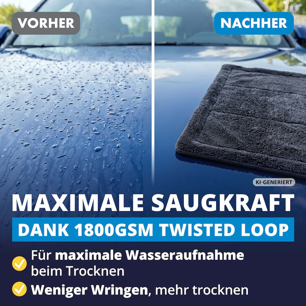 Saugt das Sechsfache seines Gewichts=>Die dichte 1800-GSM-Faser nimmt das Sechsfache ihres Eigengewichts an Wasser auf und bindet auch Pflegemittel zuverlässig – ein Tuch genügt fürs ganze Auto.