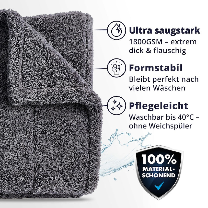Vielseitig im Einsatz=>Ob Auto, SUV, Cabrio, Boot, Wohnwagen oder Camper – das XXL-Tuch trocknet, poliert und nimmt Pflegemittel auf, in Werkstatt und Haushalt.