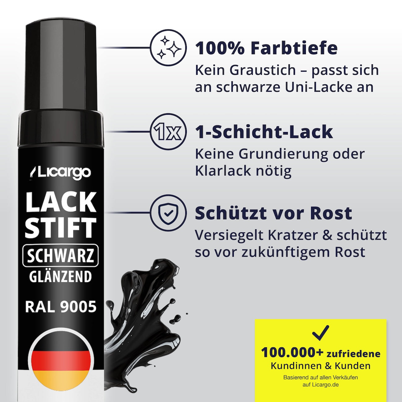 Durchdachte Formel mit Schutzfunktion=>Der 1-Schicht-Lack bietet volle Farbtiefe ohne Grundierung oder Klarlack. Gleichzeitig versiegelt er die Schadstelle und schützt zuverlässig vor Rost.