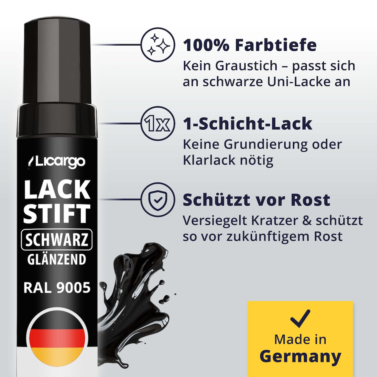 Durchdachte Formel mit Schutzfunktion=>Der 1-Schicht-Lack bietet volle Farbtiefe ohne Grundierung oder Klarlack. Gleichzeitig versiegelt er die Schadstelle und schützt zuverlässig vor Rost.